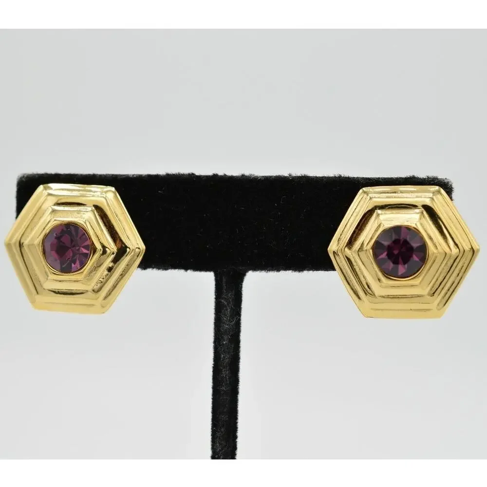 Vintage Crystal Clip On Earrings Rhinestone Purple Gold Statement NOS 1980s 9L